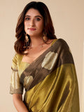 Splendid Olive Green Zari Weaving Tissue Evening Wear Saree With Blouse