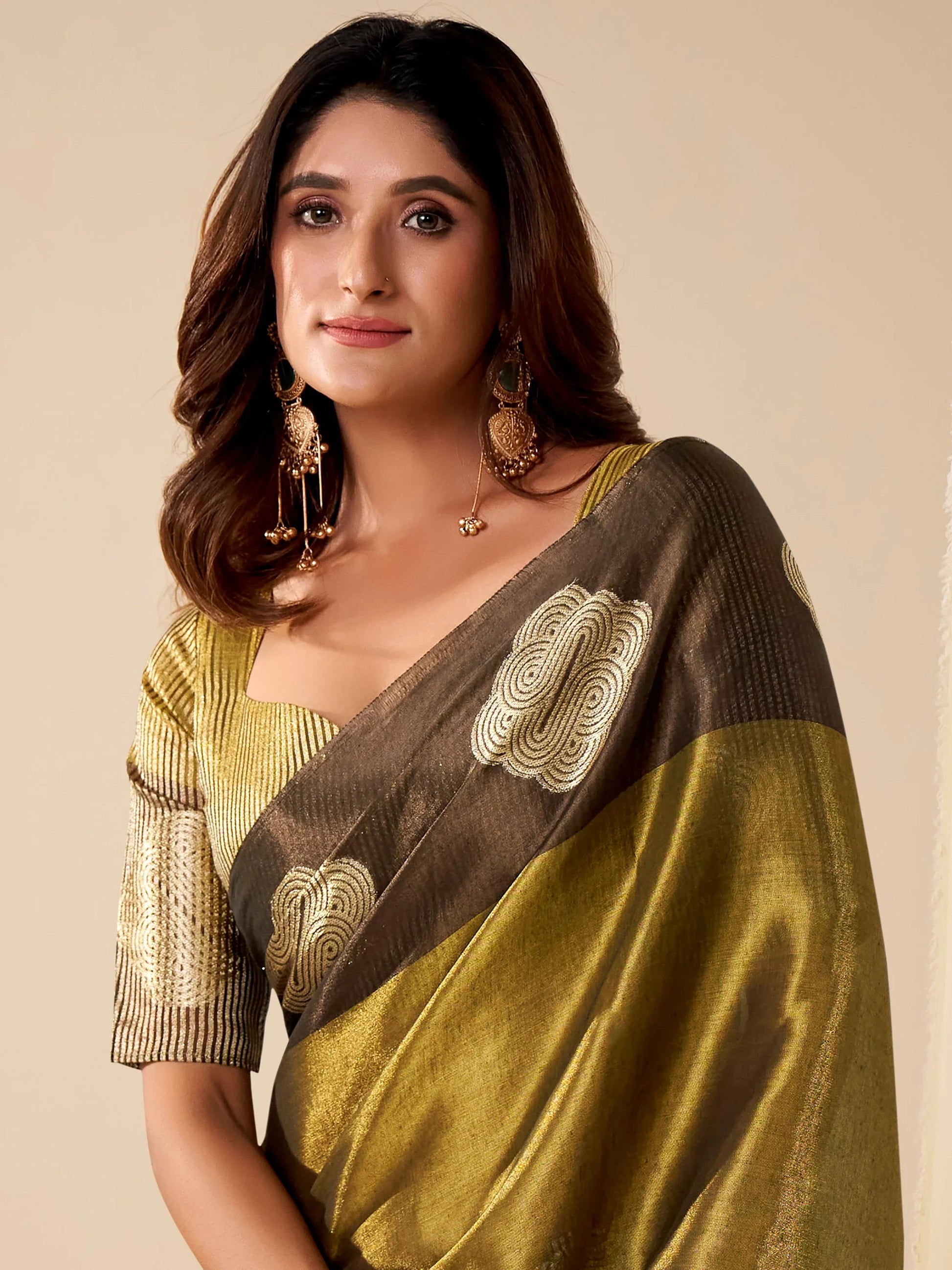 Splendid Olive Green Zari Weaving Tissue Evening Wear Saree With Blouse