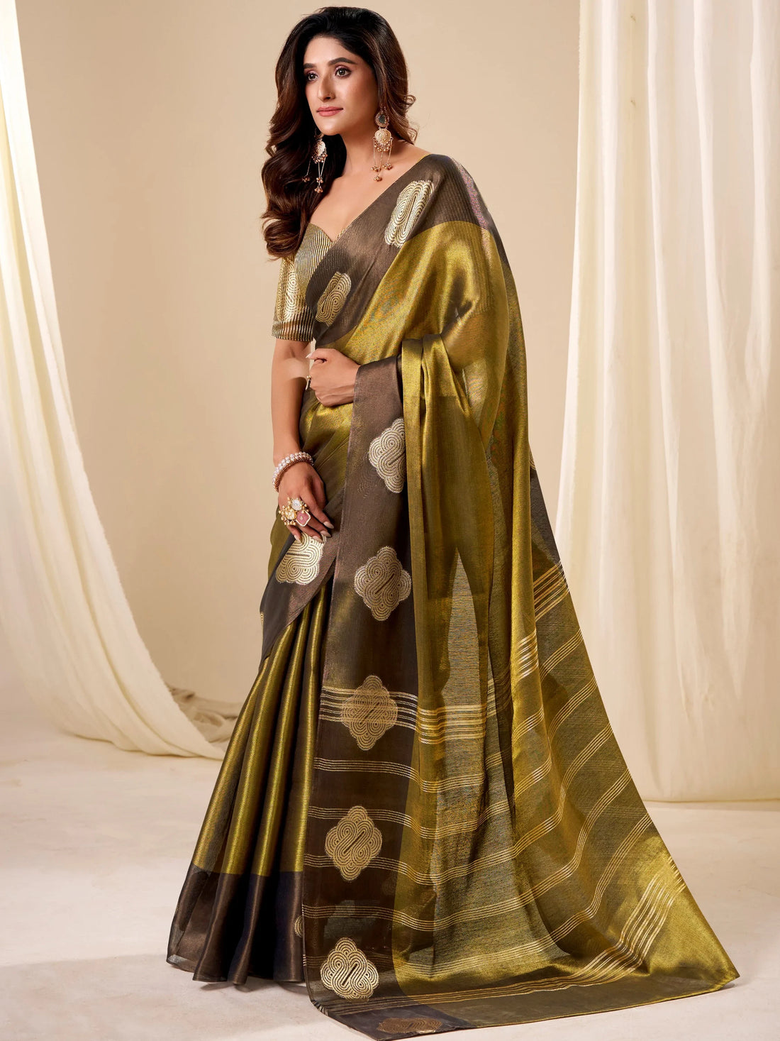 Splendid Olive Green Zari Weaving Tissue Evening Wear Saree With Blouse