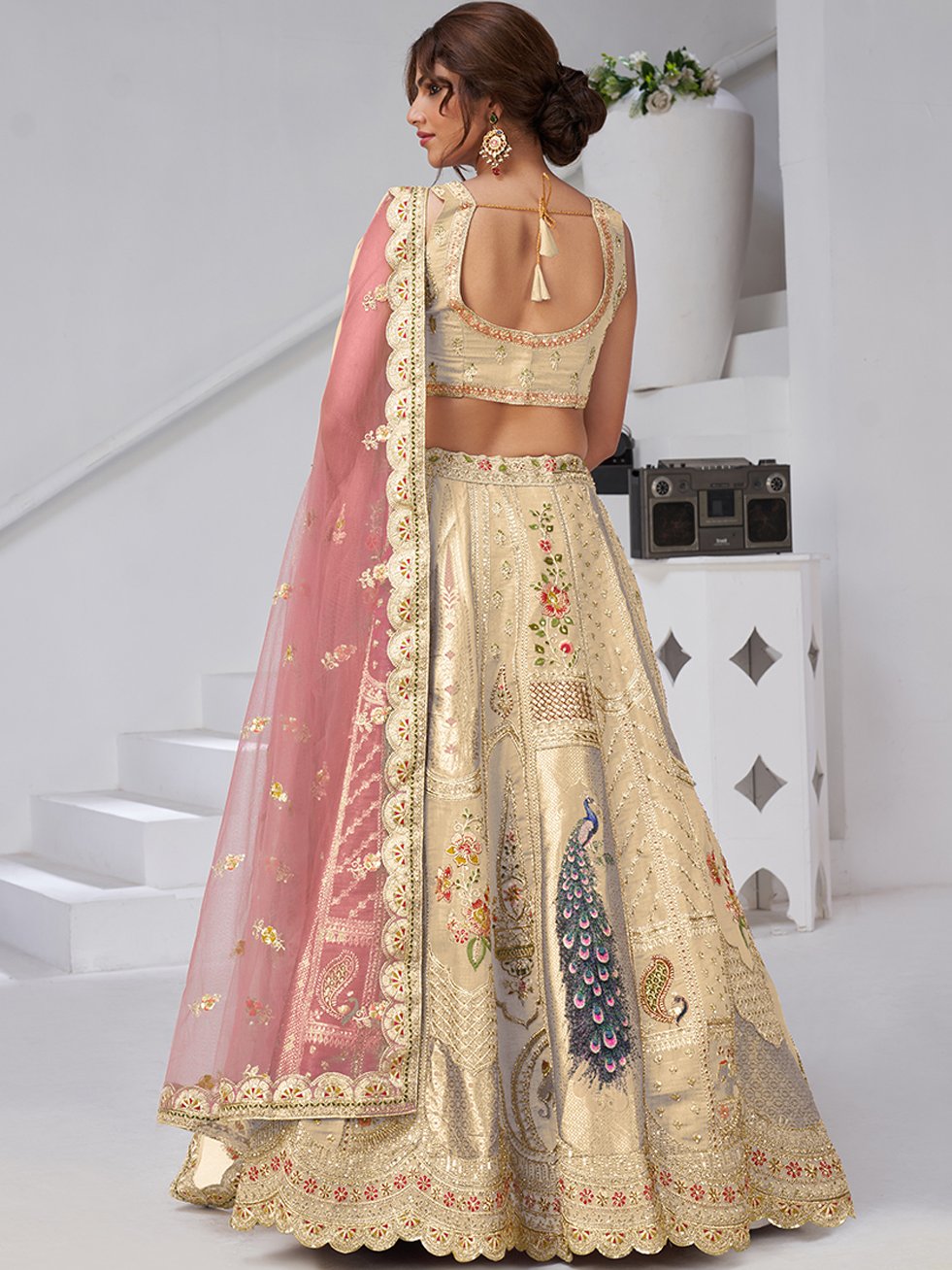 Majestic Beige Sequins Embroidery Banarasi Silk Lehenga Choli With Dupatta