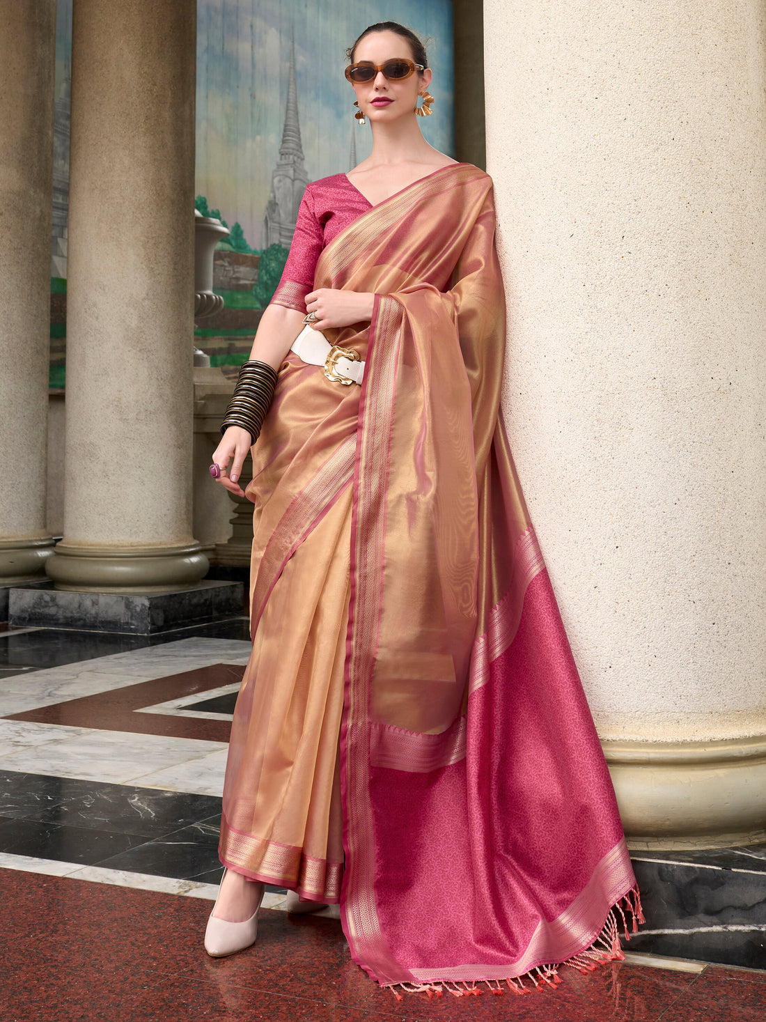 Alluring Peach Zari Weaving Silk Event Wear Saree With Blouse