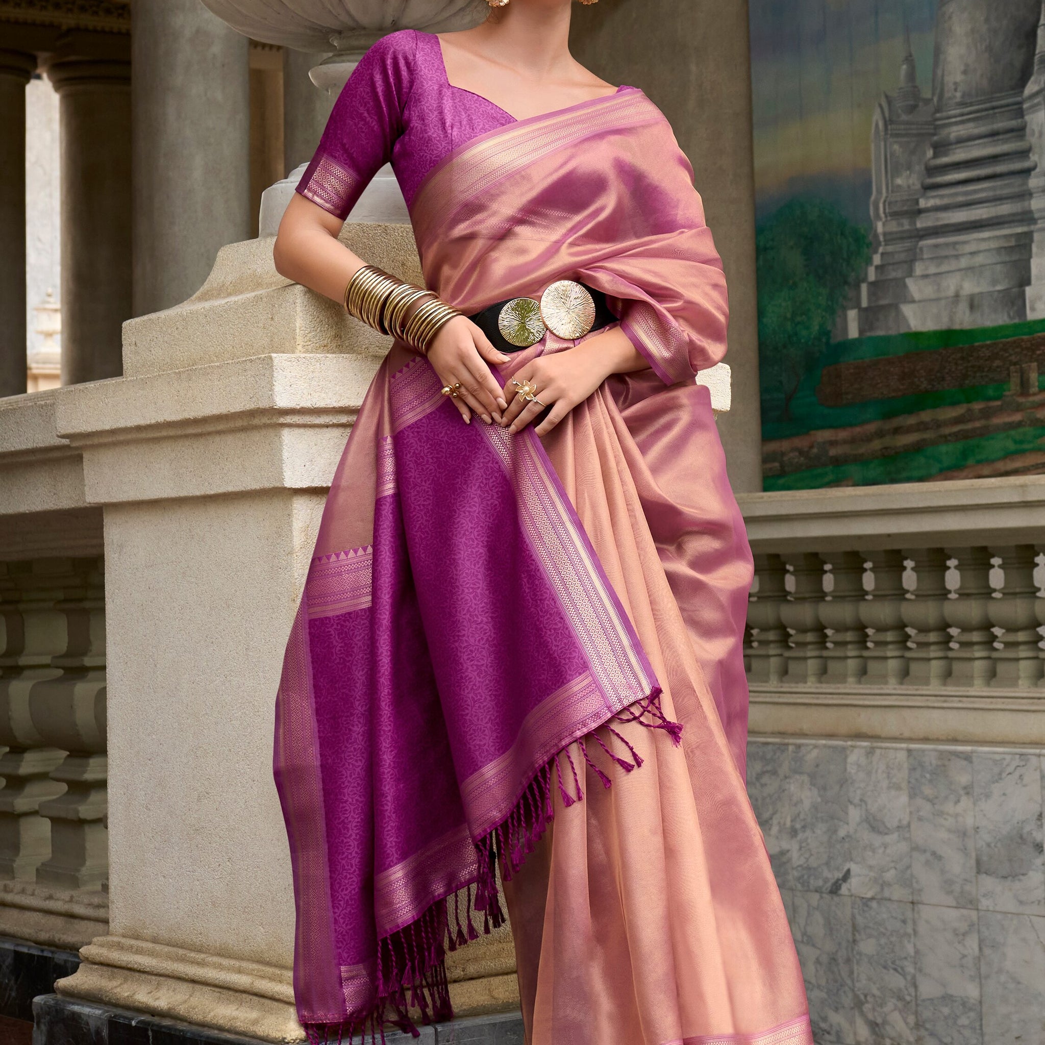 Charming Pink Zari Weaving Silk Festival Wear Saree With Blouse