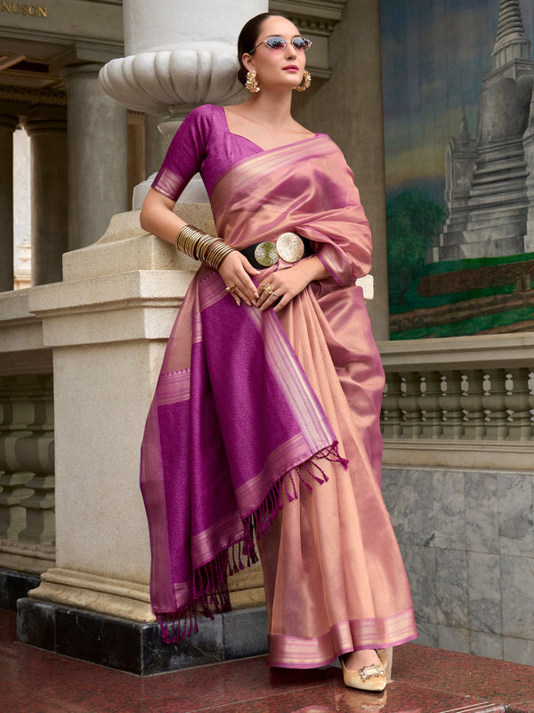Charming Pink Zari Weaving Silk Festival Wear Saree With Blouse