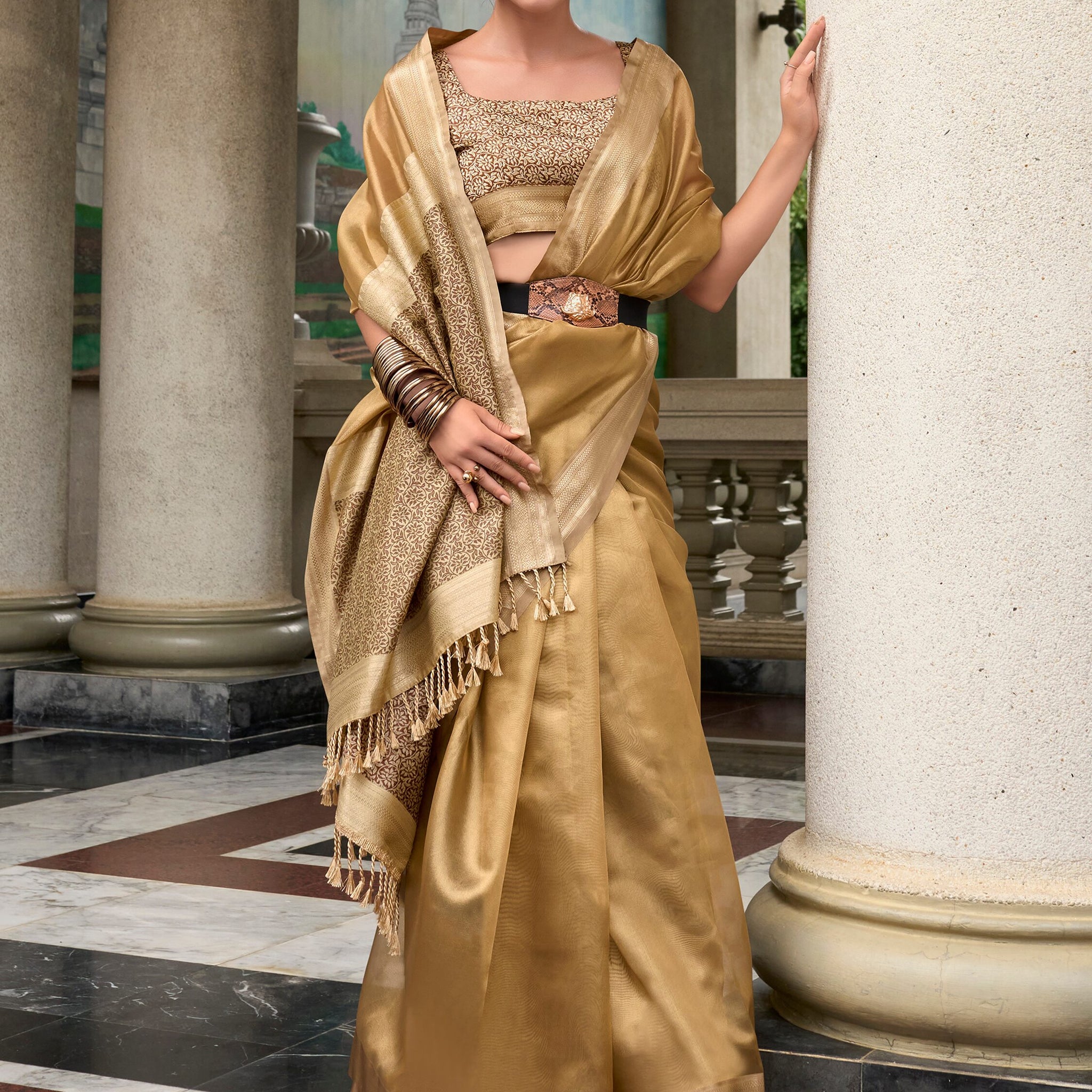 Precious Brown Zari Weaving Silk Traditional Saree With Blouse