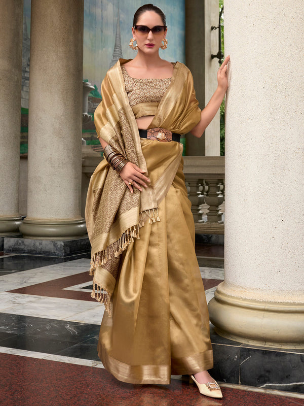 Precious Brown Zari Weaving Silk Traditional Saree With Blouse