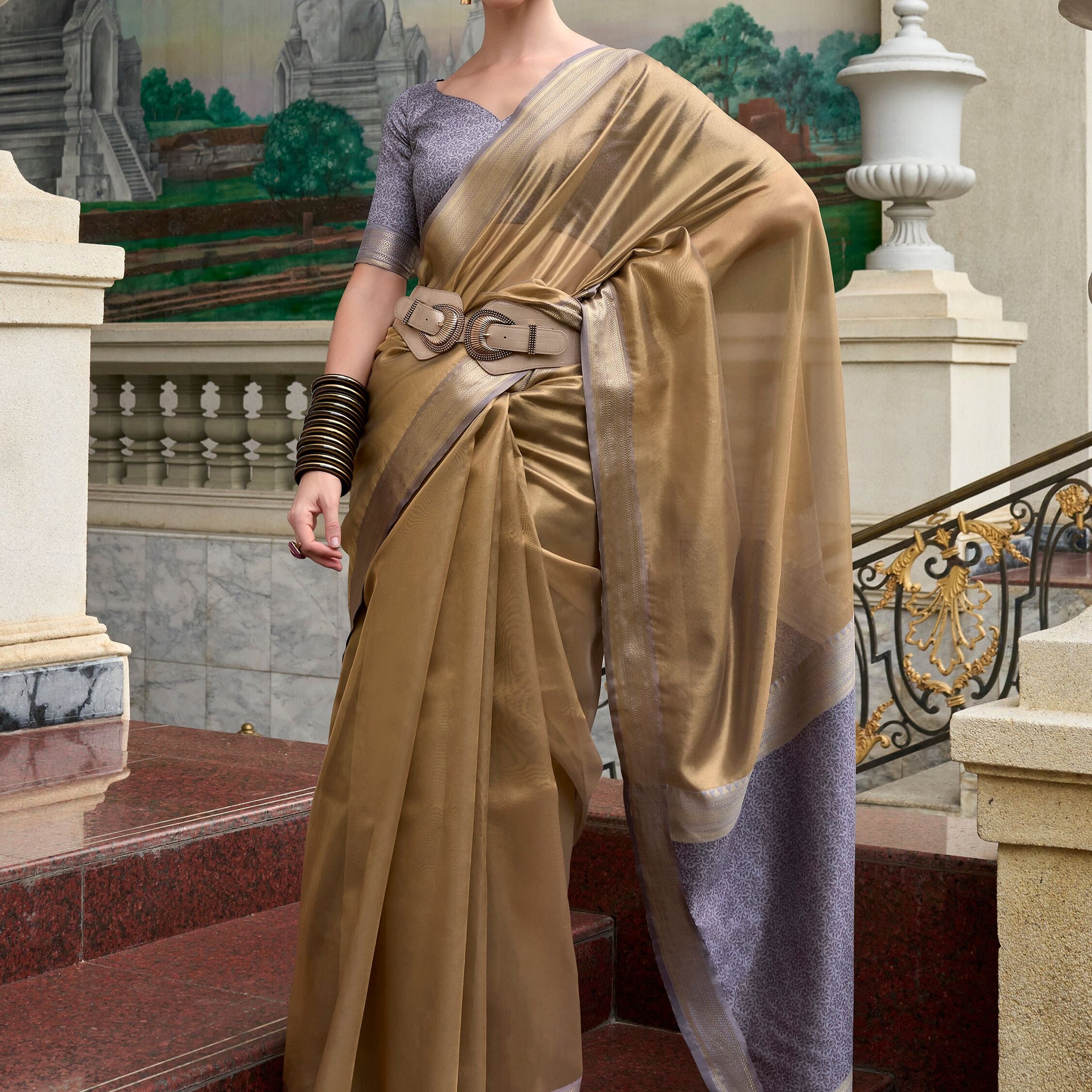 Stunning Brown Zari Weaving Silk Festival Wear Saree With Blouse