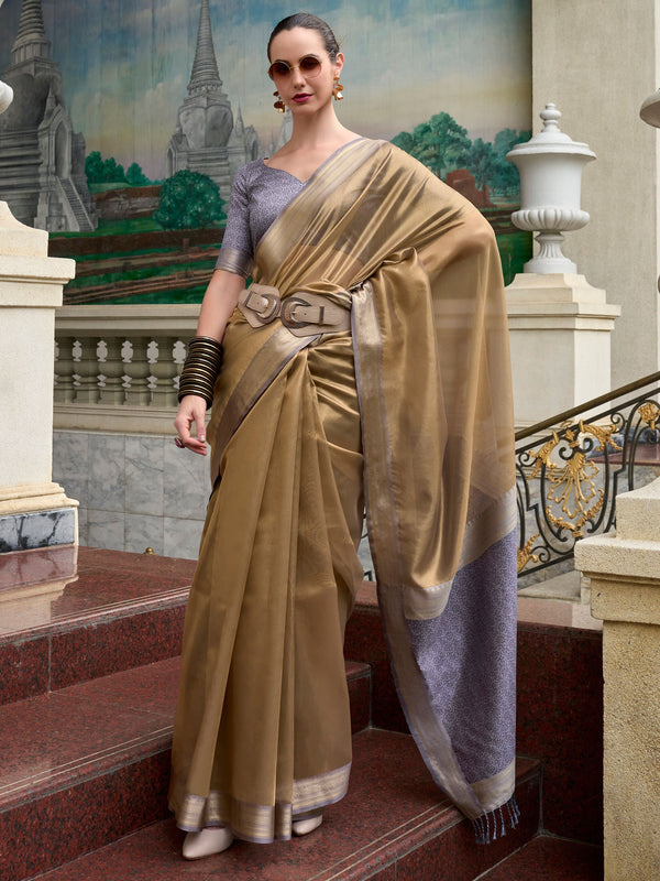 Stunning Brown Zari Weaving Silk Festival Wear Saree With Blouse