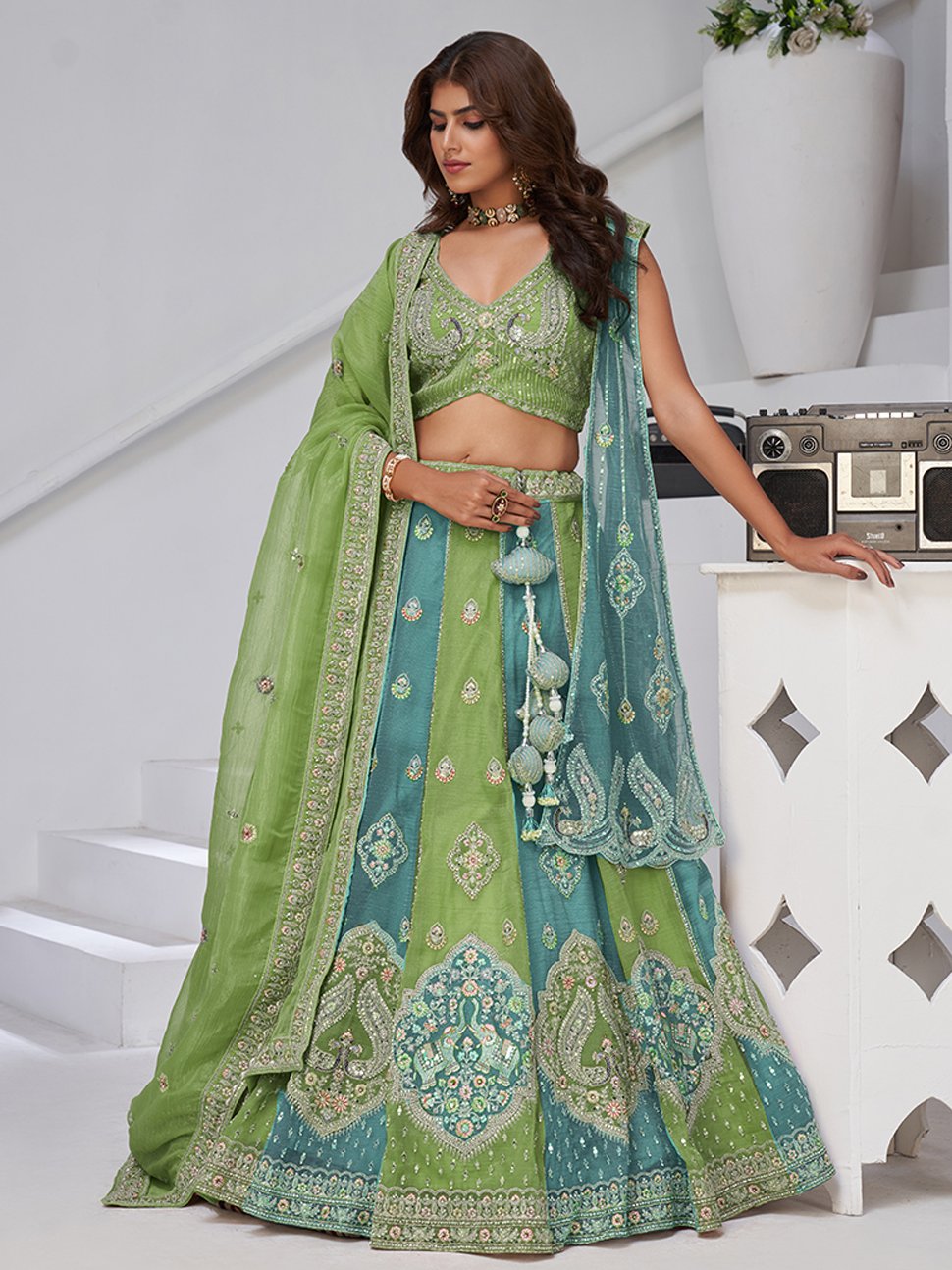 Awesome Sea Green Zari Work Tissue Mehendi Wear Lehenga Choli With Dupatta