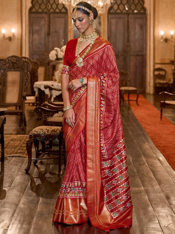 Gorgeous Red Digital Printed Patola Silk Wedding Wear Saree