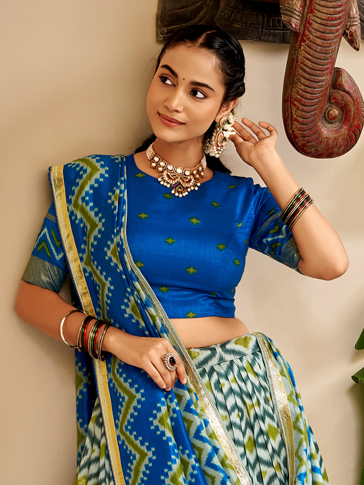 Sparkling Sky Blue Ikat Print Silk Navratri Wear Lehenga Choli