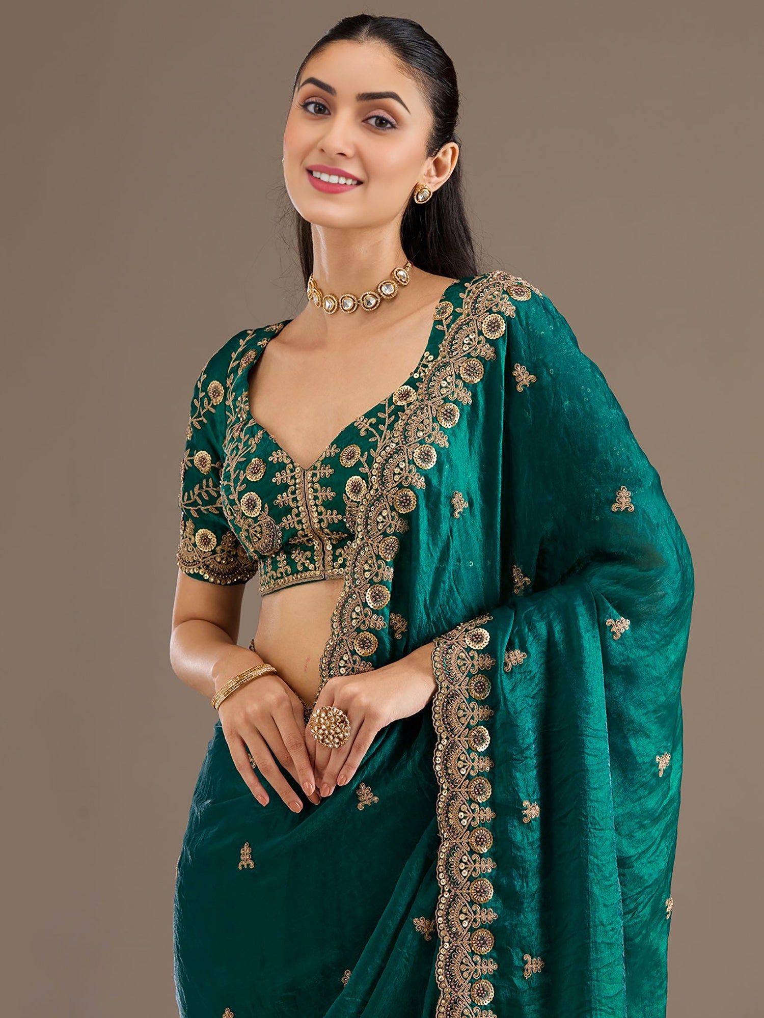 Graceful Teal Green Sequins Work Tissue Engagement Wear Saree With Blouse