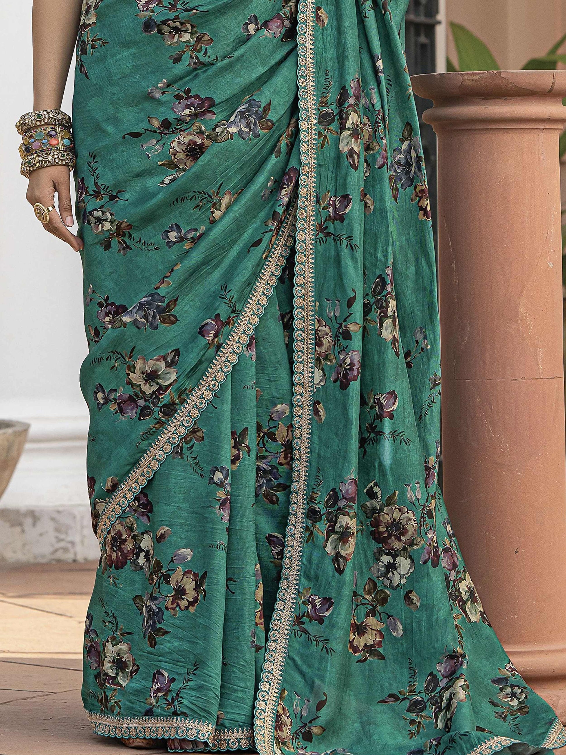 Charming Green Floral Printed Silk Traditional Saree With Blouse
