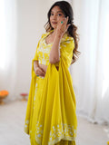 Rich Yellow Sequins Crepe Indo-Western Drape Lehenga Set With Shrug