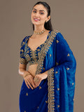 Rich Royal Blue Embroidered Tissue Designer Saree With Blouse