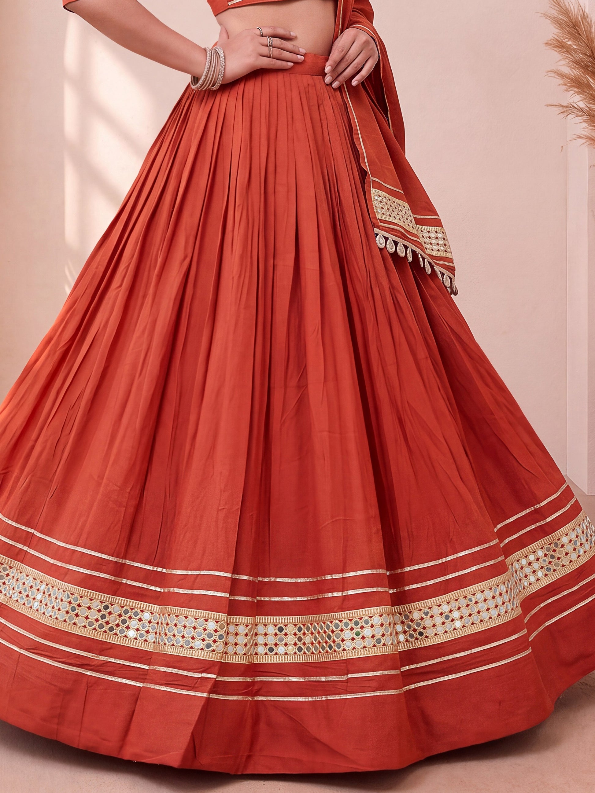 Great Rust Gota Patti Cotton Navratri Wear Lehenga Choli With Dupatta