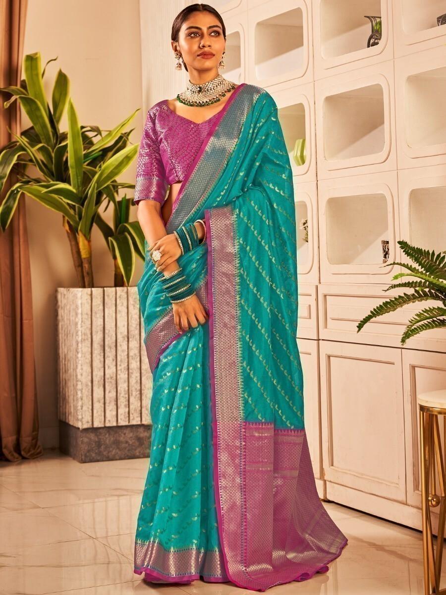 Beauteous Firozi Zari Woven Banarasi Silk Sangeet Wear Saree