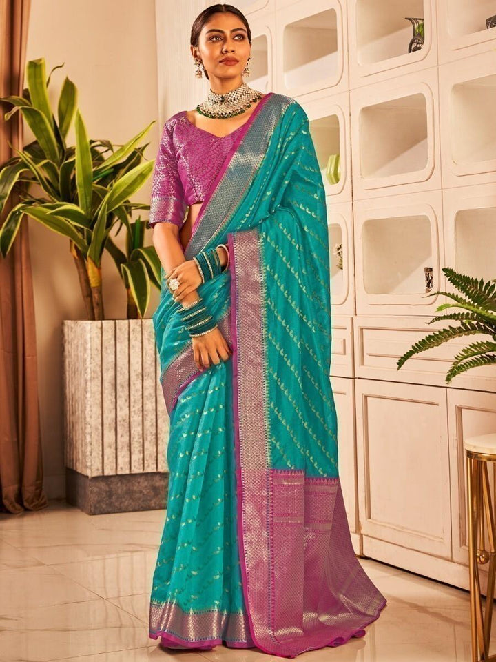 Beauteous Firozi Zari Woven Banarasi Silk Sangeet Wear Saree