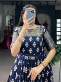 Marvelous Navy Blue Zari Weaving Cotton Festive Wear Gown