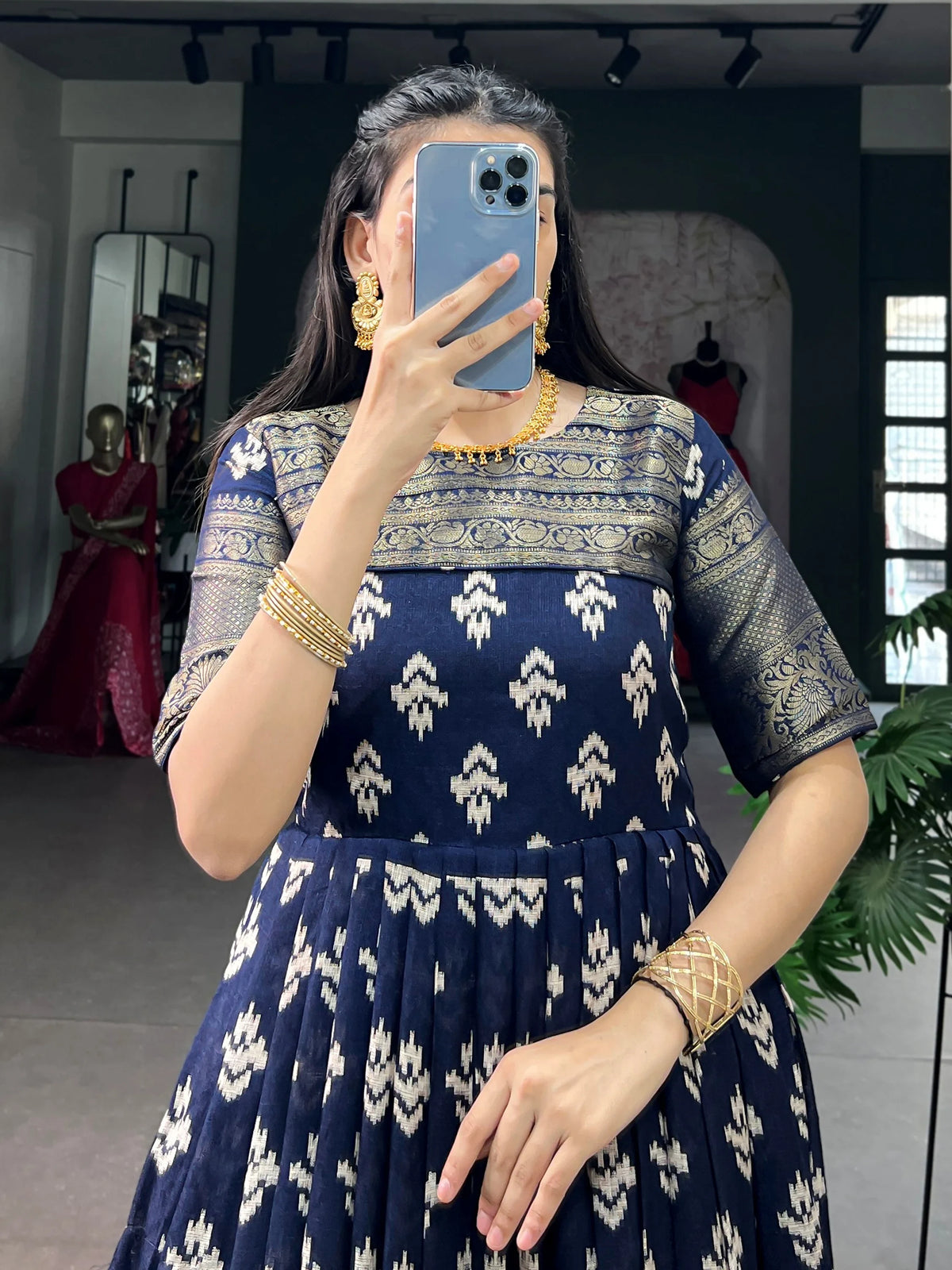 Marvelous Navy Blue Zari Weaving Cotton Festive Wear Gown