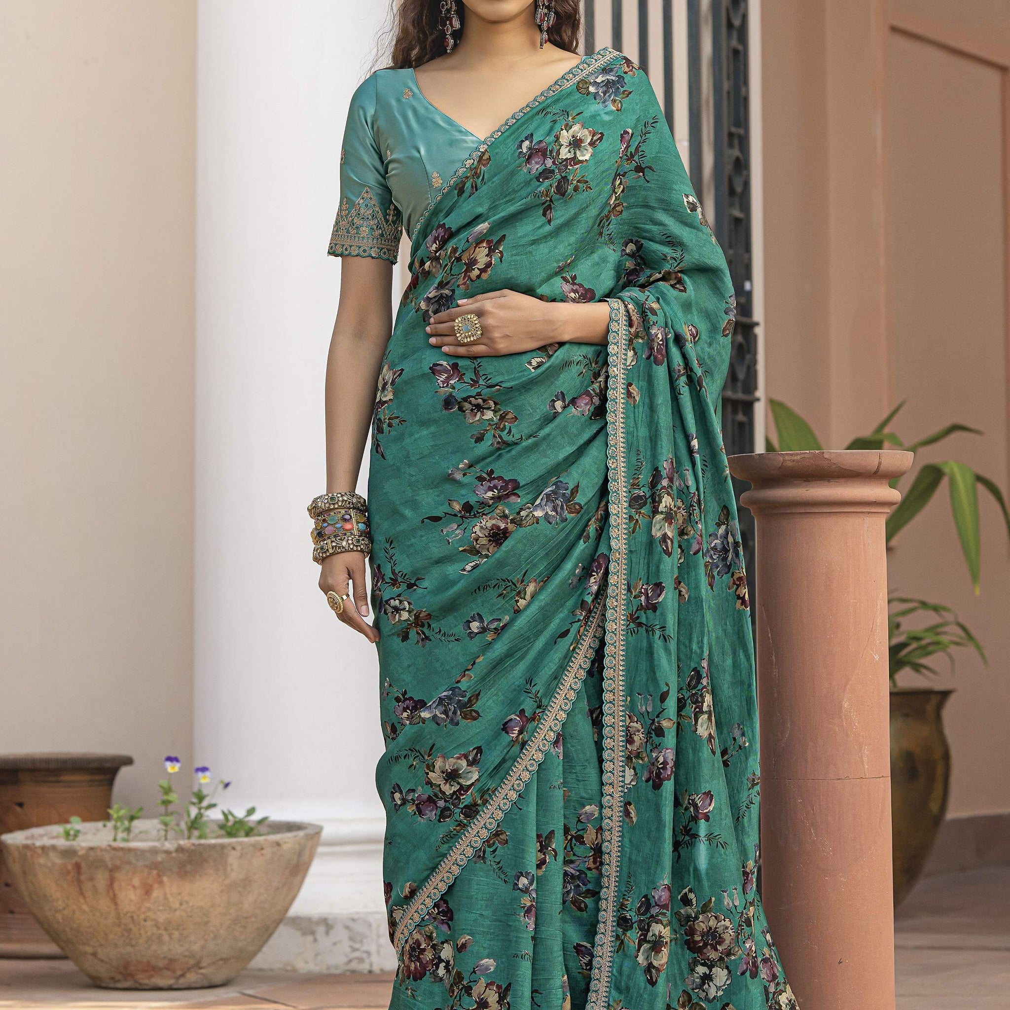 Charming Green Floral Printed Silk Traditional Saree With Blouse