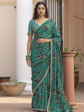 Charming Green Floral Printed Silk Traditional Saree With Blouse
