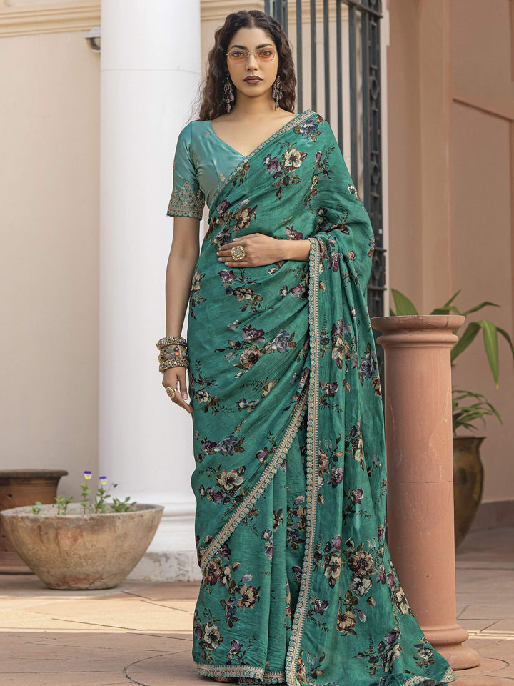 Charming Green Floral Printed Silk Traditional Saree With Blouse