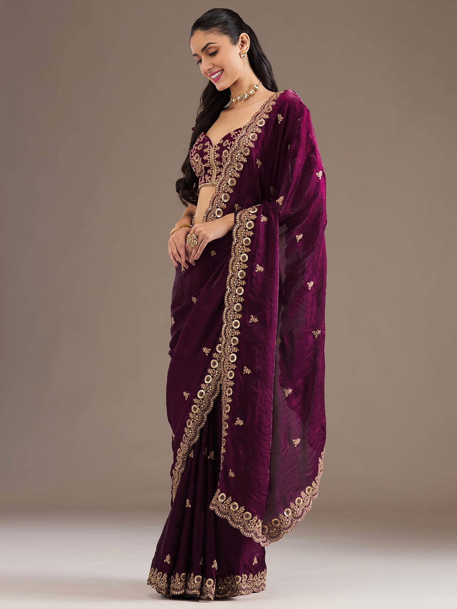 Wonderful Wine Sequins Embroidered Tissue Party Wear Saree With Blouse