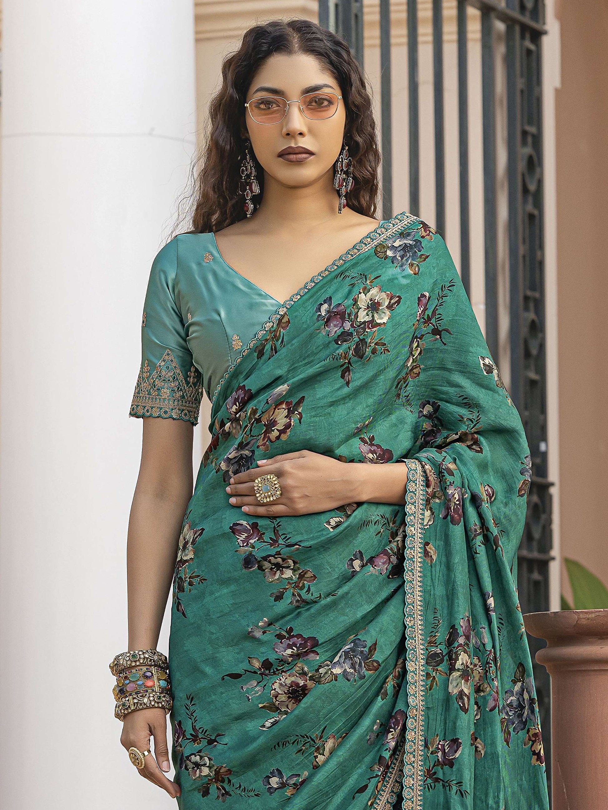 Charming Green Floral Printed Silk Traditional Saree With Blouse