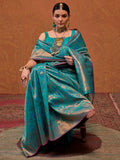 Beautiful Sky-Blue Zari Weaving Silk Event Wear Saree With Blouse