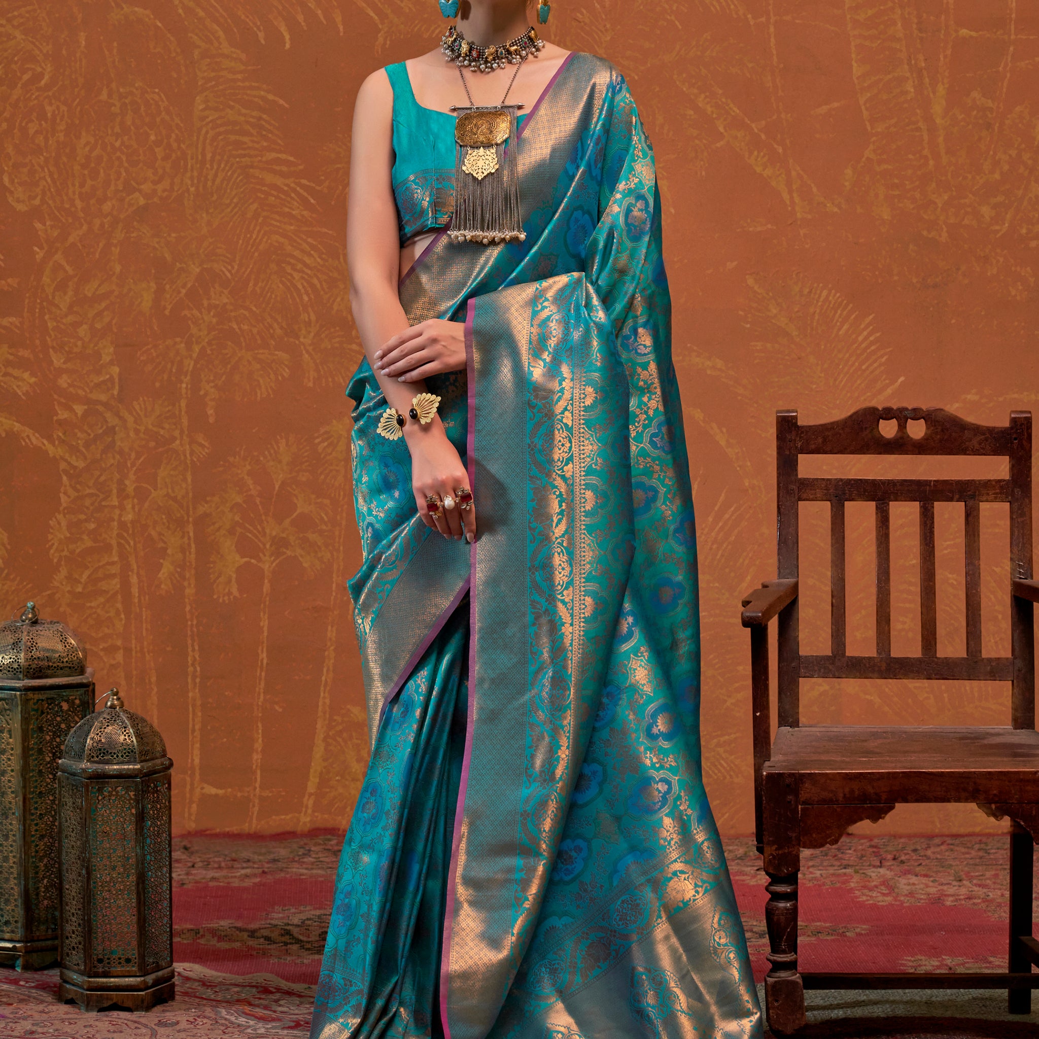 Beautiful Sky-Blue Zari Weaving Silk Event Wear Saree With Blouse