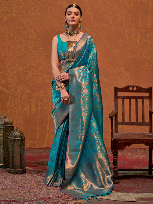 Beautiful Sky-Blue Zari Weaving Silk Event Wear Saree With Blouse