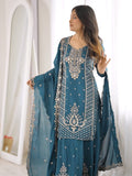Beautiful Teal Blue Beads Work Silk Festive Wear Palazzo Suit