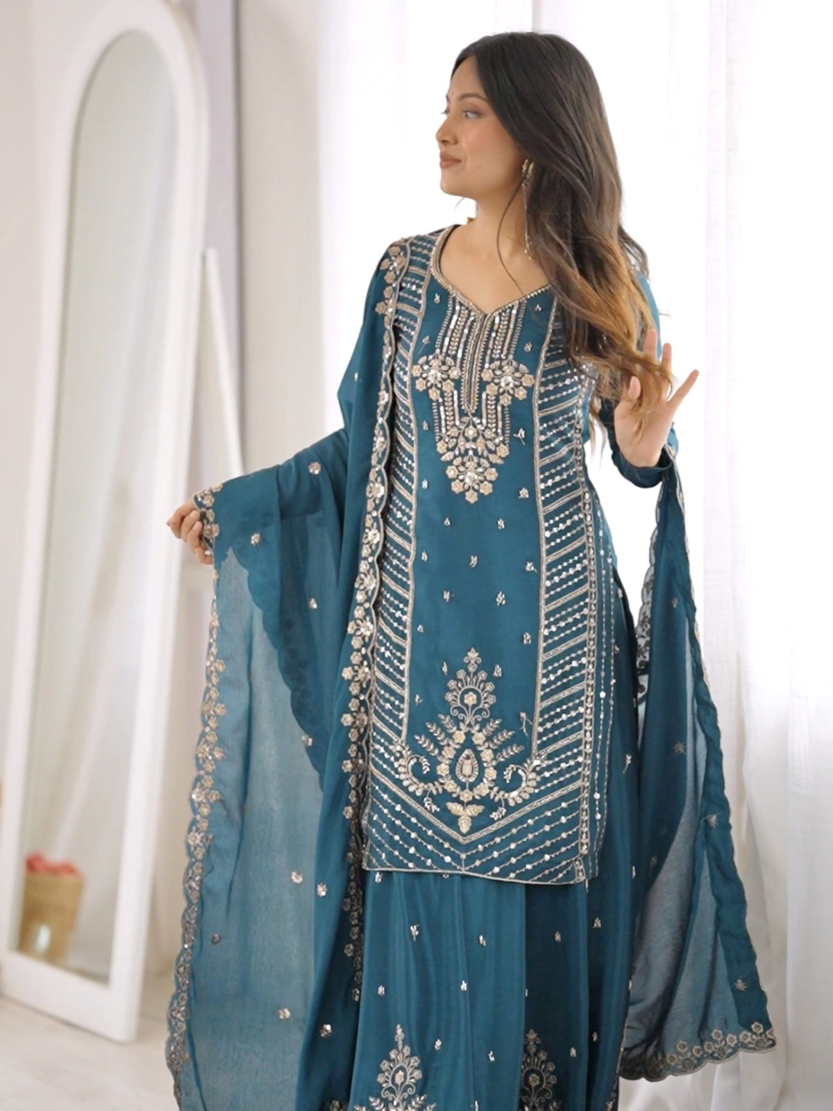 Beautiful Teal Blue Beads Work Silk Festive Wear Palazzo Suit