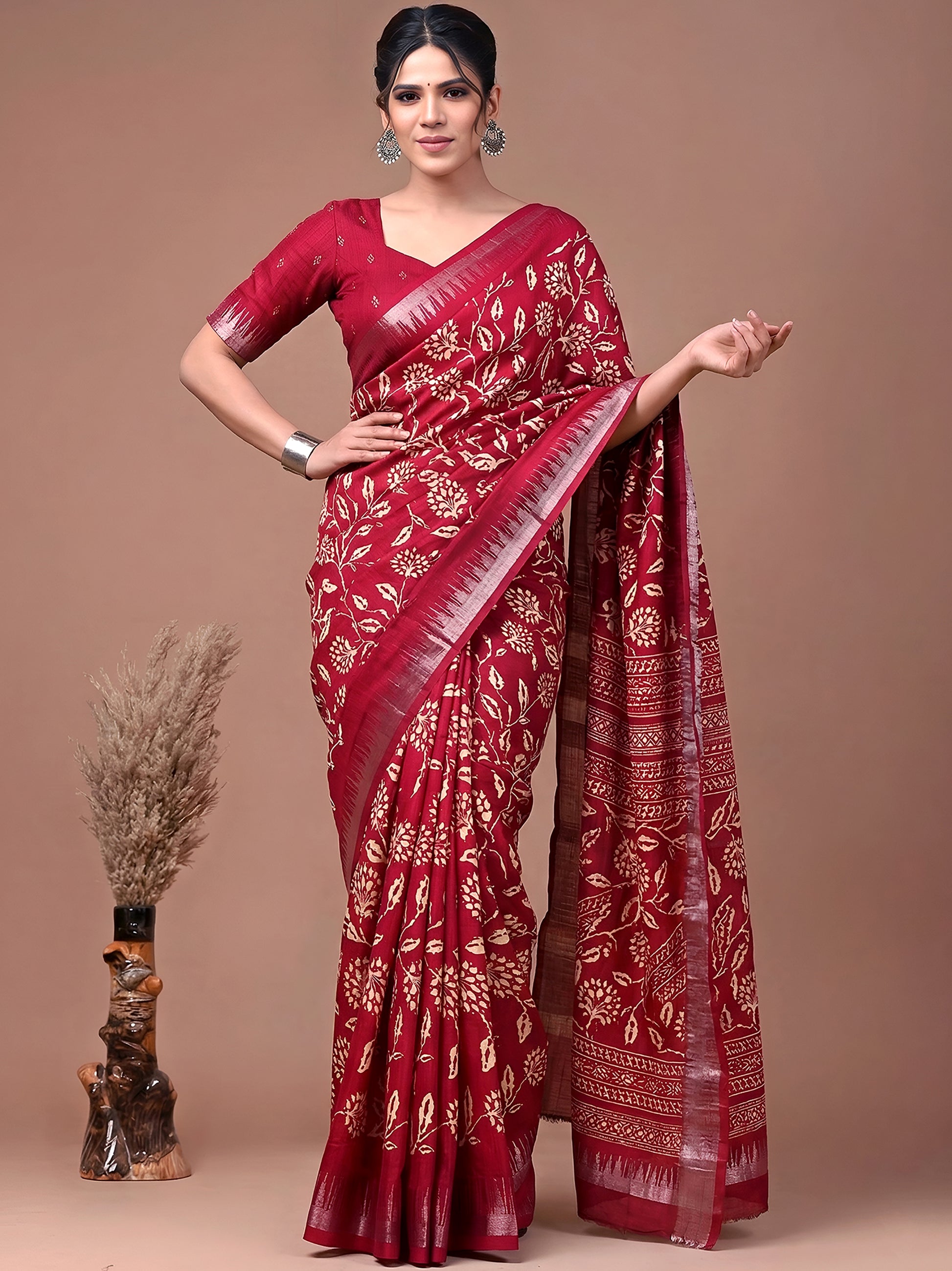 Graceful Red Floral Printed Silk Festival Wear Saree With Blouse