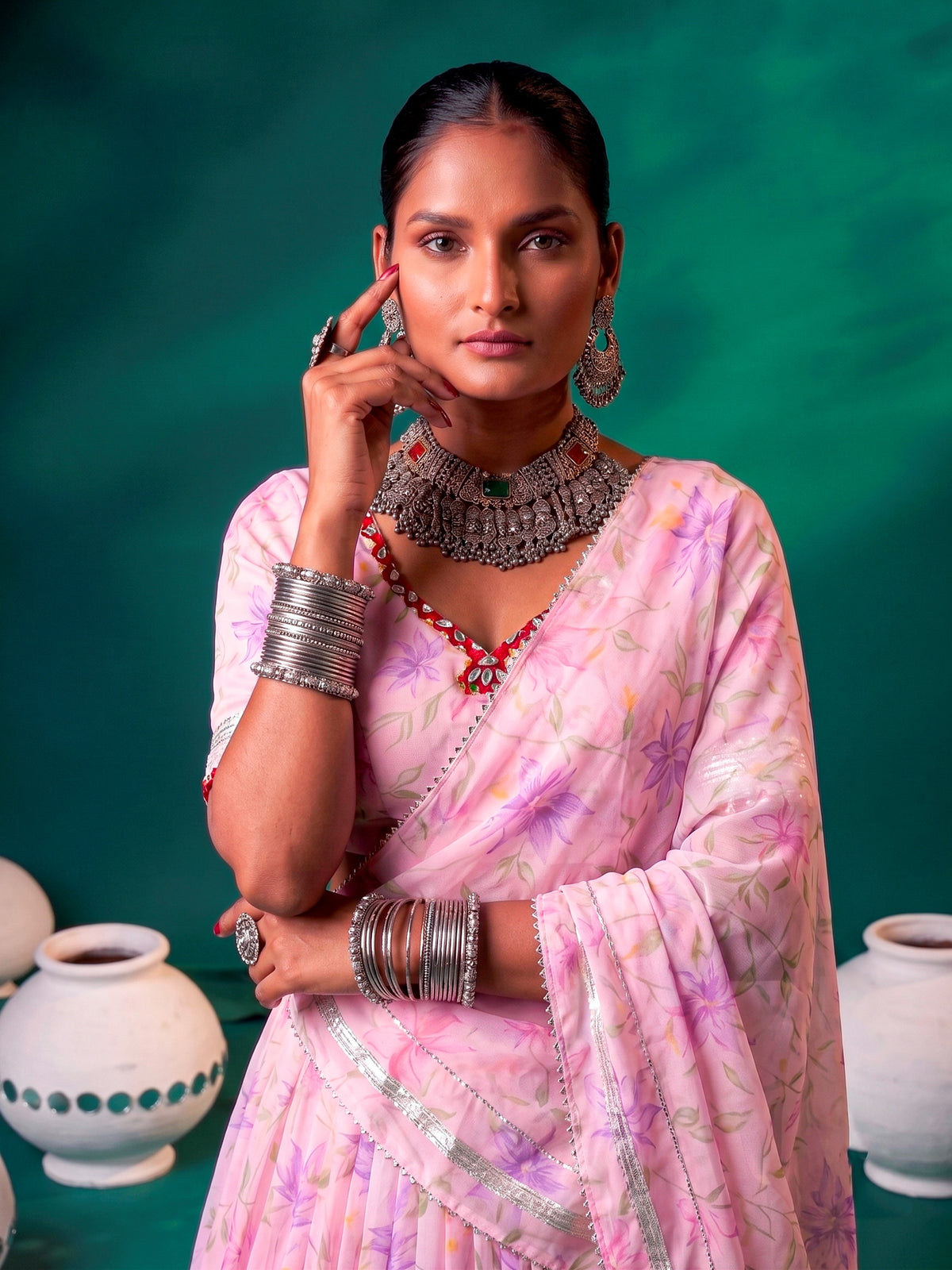 Charming Pink Floral Printed Silk Festival Wear Lehenga Choli