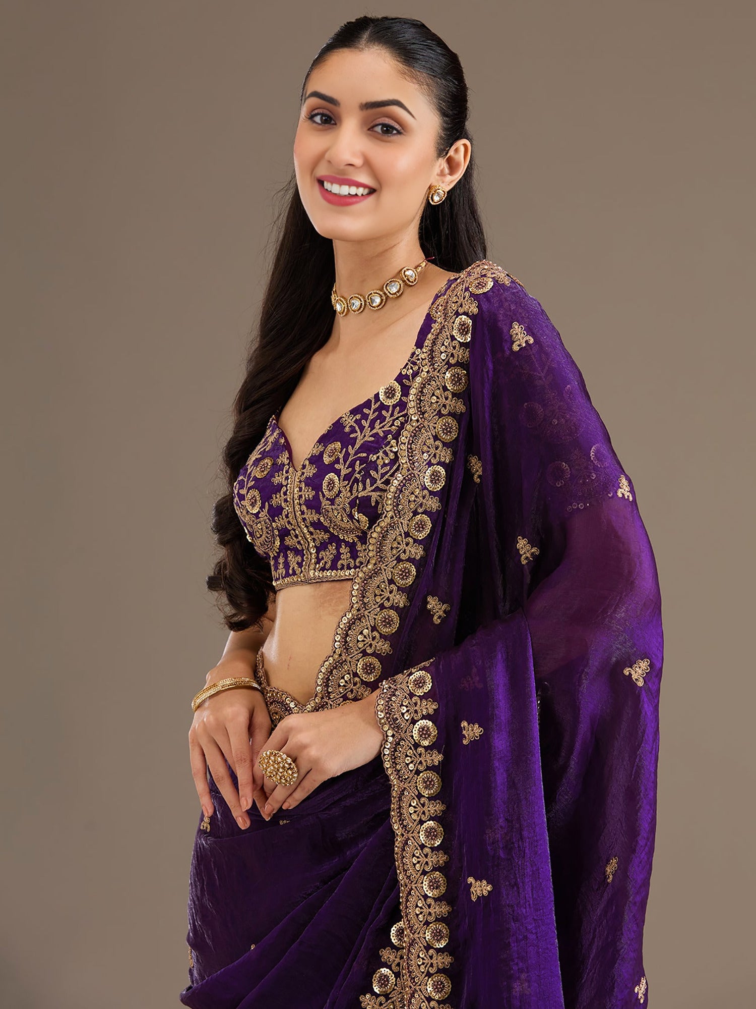 Elegant Purple Thread Work Tissue Wedding Wear Saree With Blouse