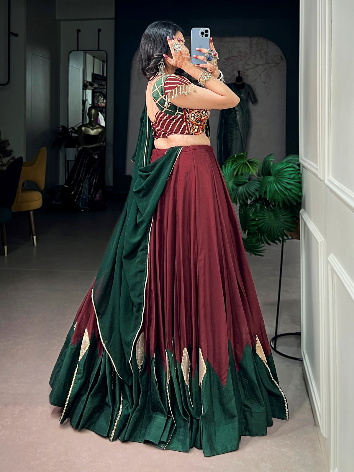 Royal Maroon Gamthi Work Chinon Navratri Wear Lehenga Choli