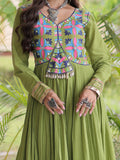 Charming Olive Green Multi Thread Work Cotton Navratri Wear Gown