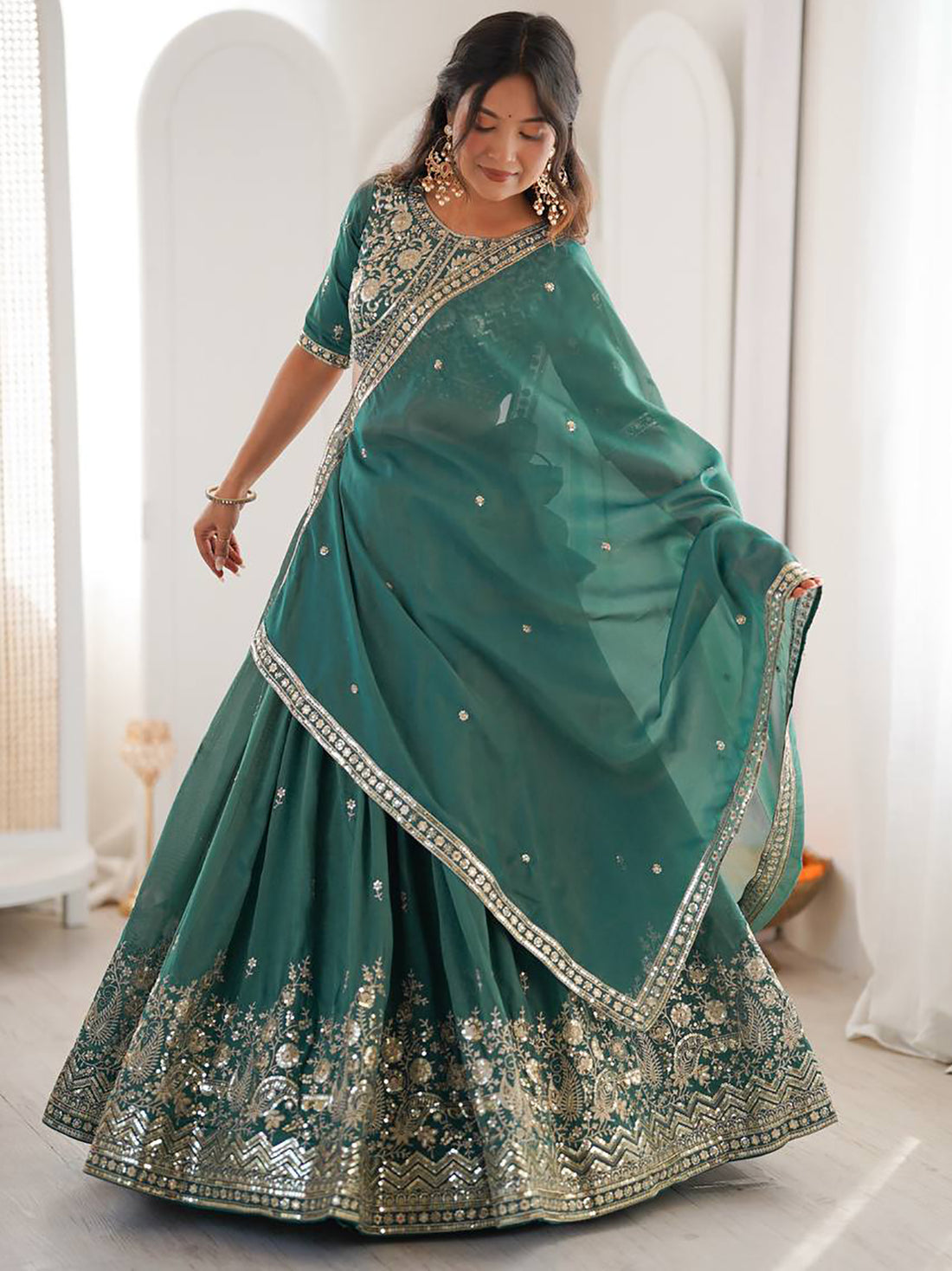 Enchanting Sea Green Sequins Silk Wedding Lehenga Choli With Dupatta