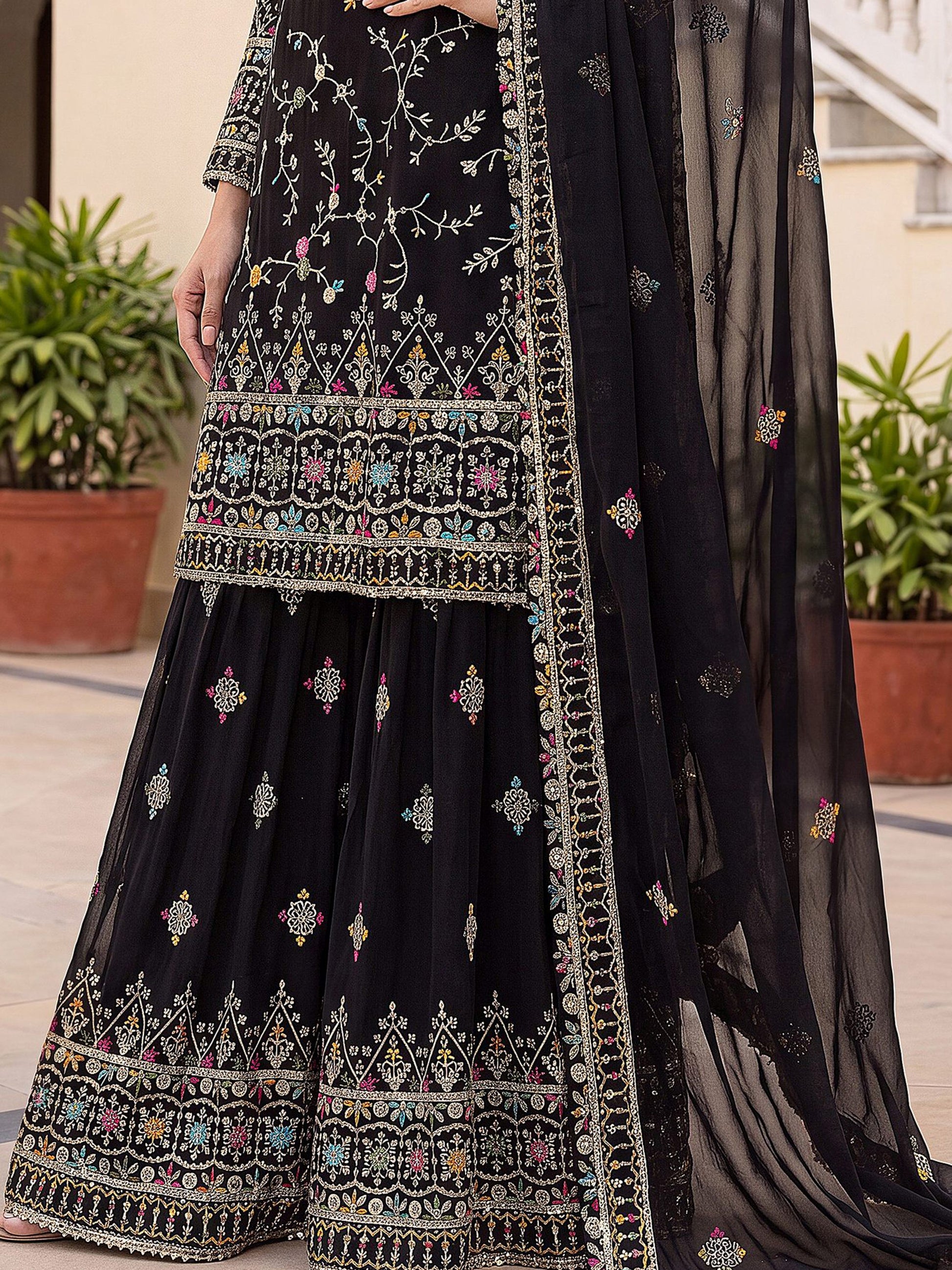 Majestic Black Zari Embroidered Georgette Festival Wear Sharara Suit 