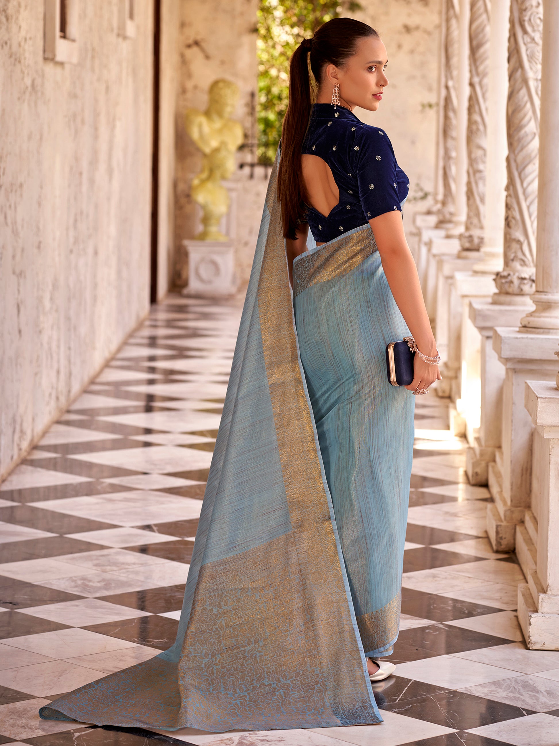 Adorable Sky Blue Zari Weaving Tissue Silk Festival Wear Saree