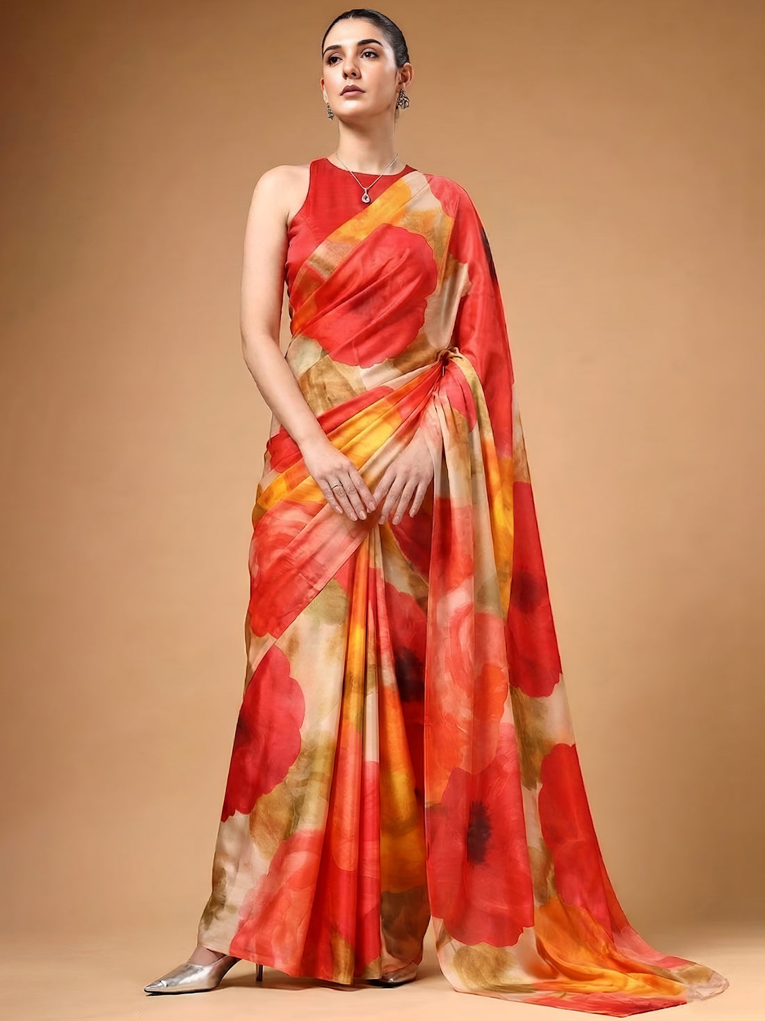 Fabulous Multicolor Printed Satin Function Wear Saree With Blouse