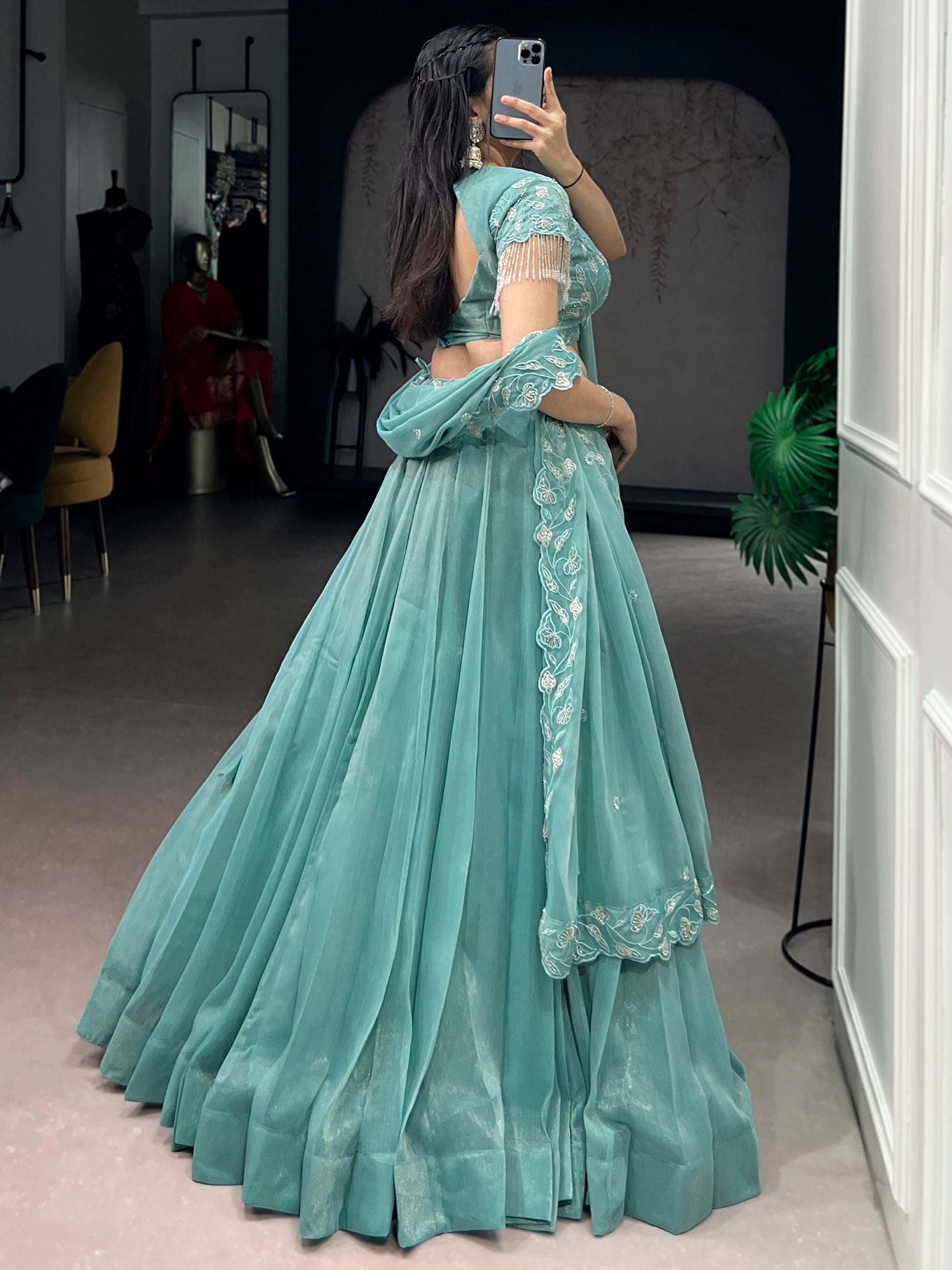 Gorgeous Sky-Blue Organza Party Wear Lehenga With Embroidered Choli