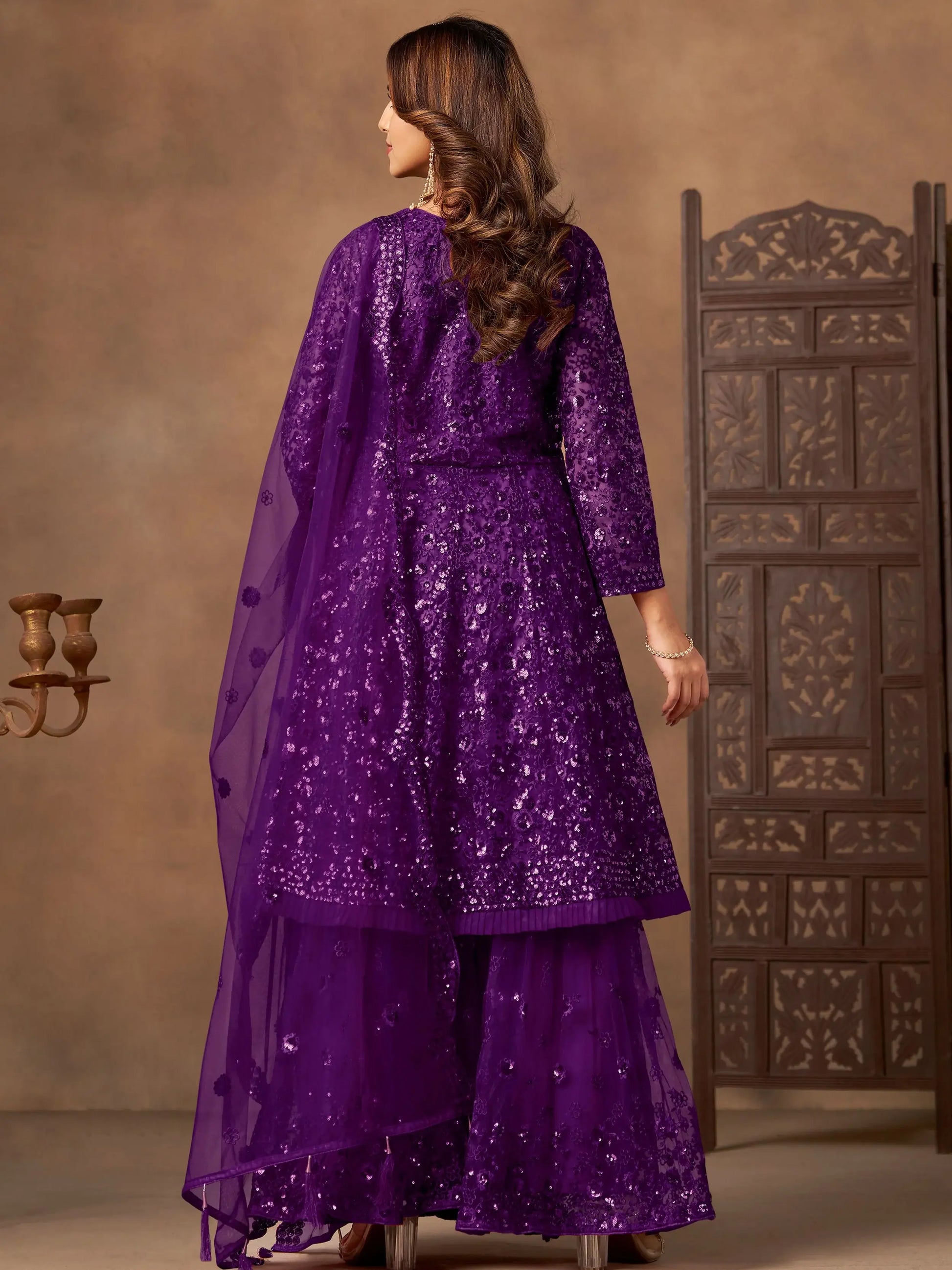Charming Purple Thread Embroidery Net Reception Wear Sharara Suit