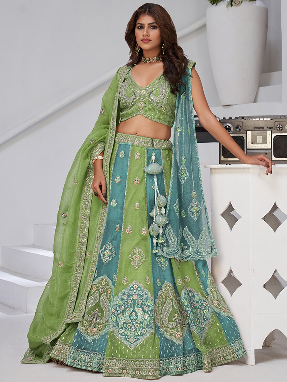 Awesome Sea Green Zari Work Tissue Mehendi Wear Lehenga Choli With Dupatta