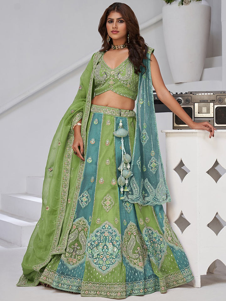 Awesome Sea Green Zari Work Tissue Mehendi Wear Lehenga Choli With Dupatta