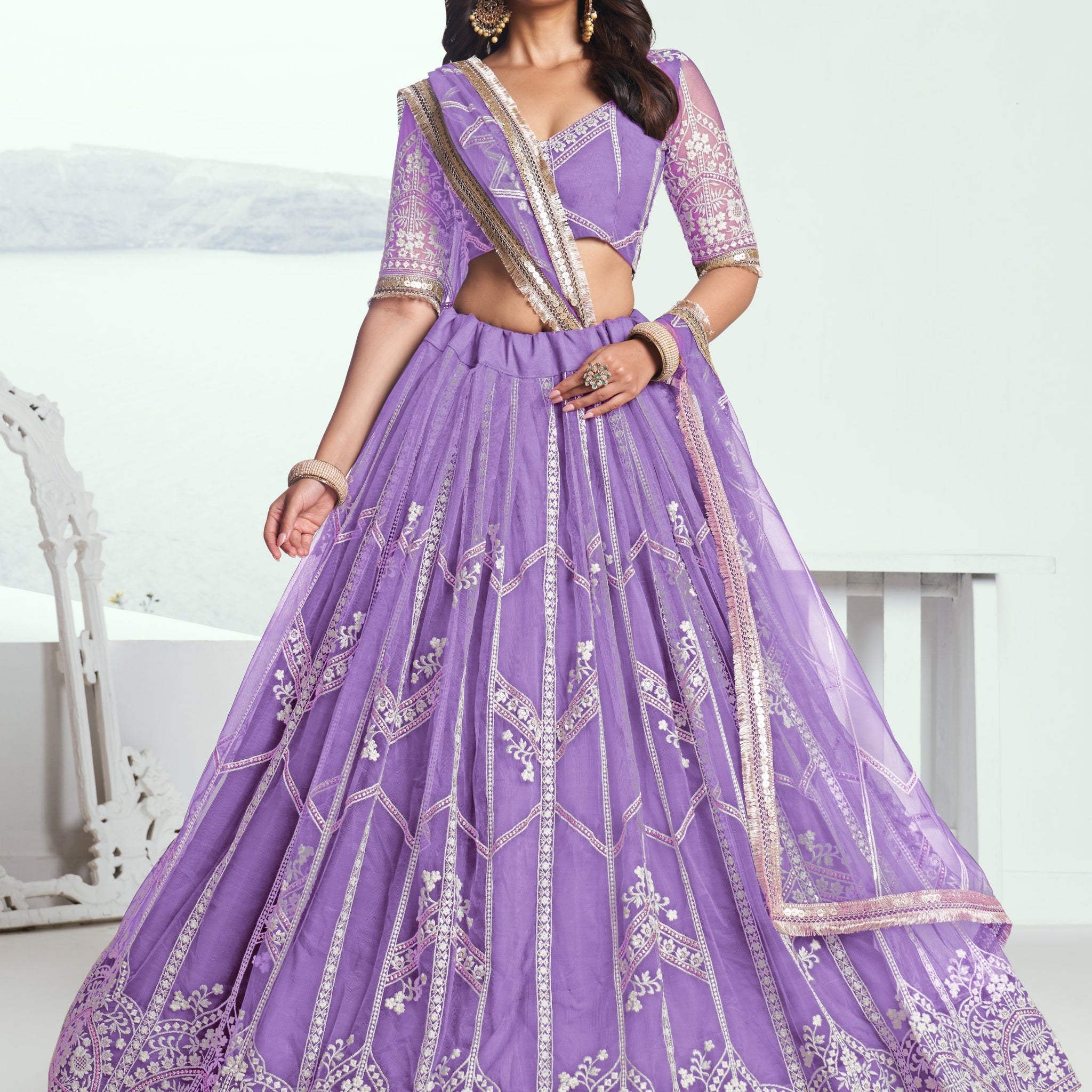Gorgeous Lavender Thread Work Wedding Wear Lehenga Choli With Dupatta