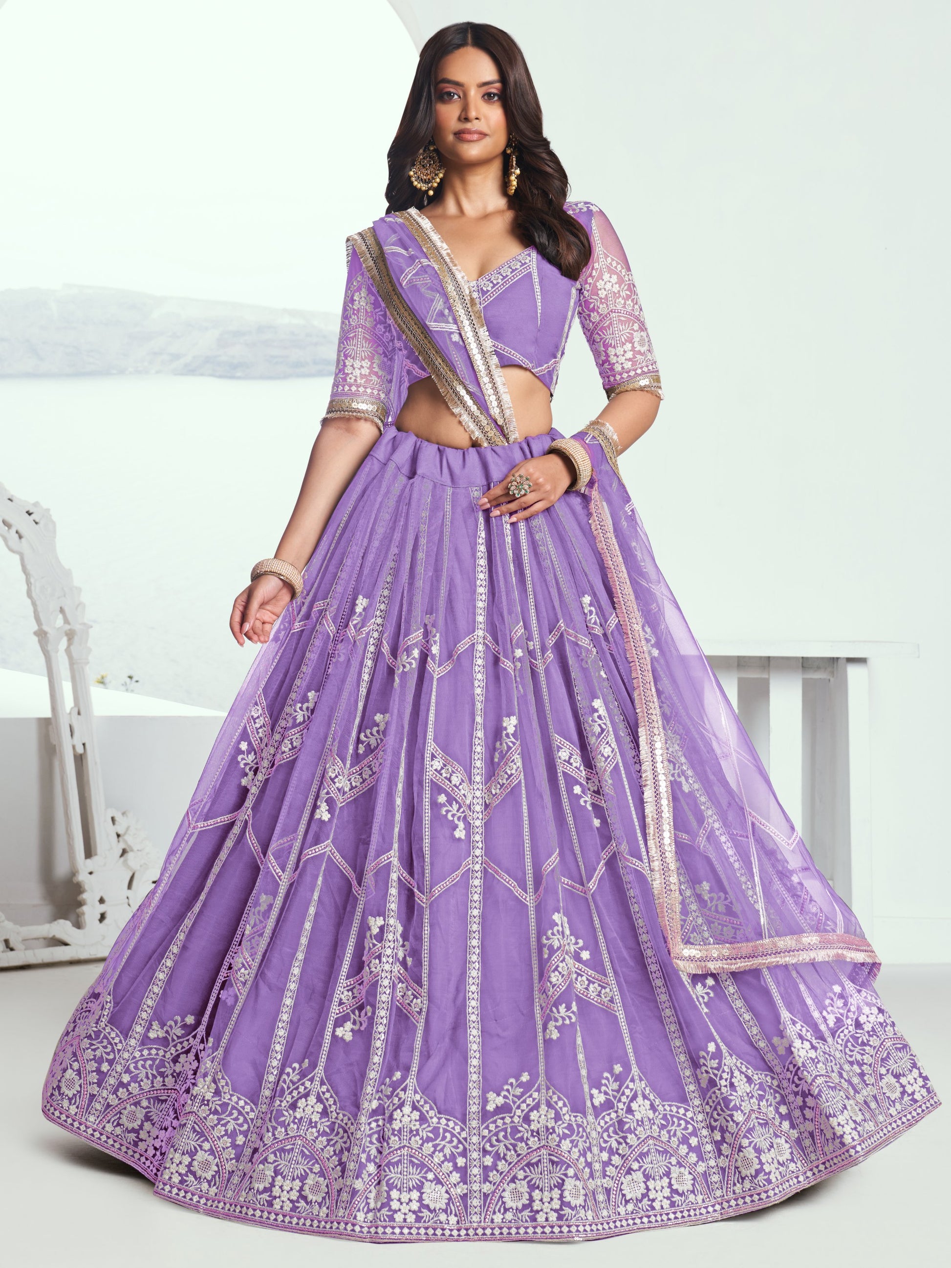 Gorgeous Lavender Thread Work Wedding Wear Lehenga Choli With Dupatta