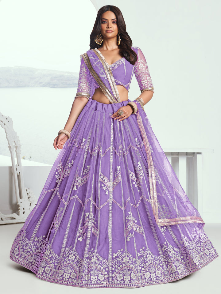 Gorgeous Lavender Thread Work Wedding Wear Lehenga Choli With Dupatta