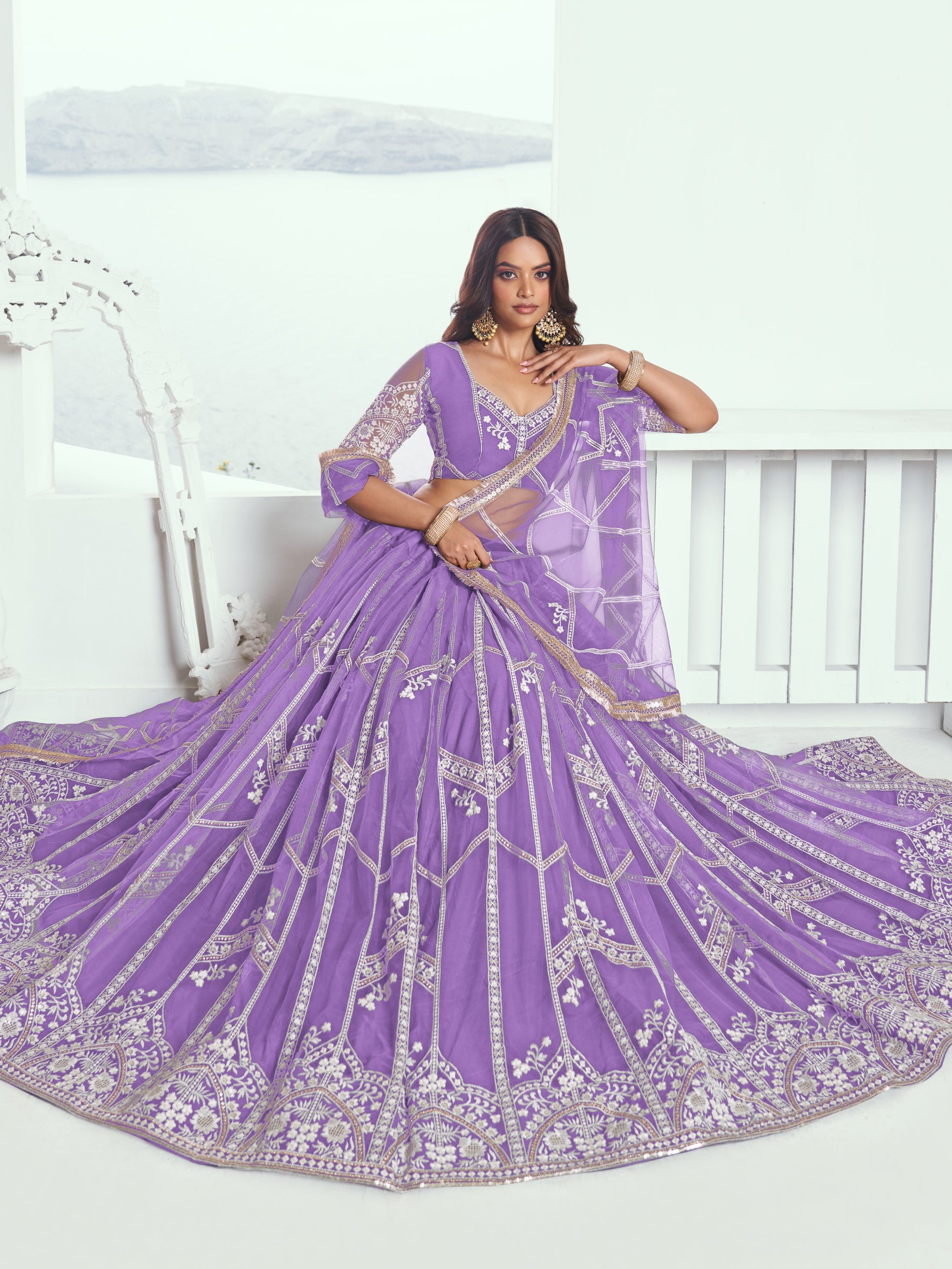 Gorgeous Lavender Thread Work Wedding Wear Lehenga Choli With Dupatta